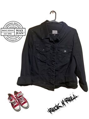 🎸 Wax Jean Black Crop Denim Jacket XL Stretch Rock Style Moto Jacket